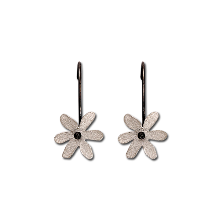 Flat Flower Rounded Silver Hook Earrings (Patina)