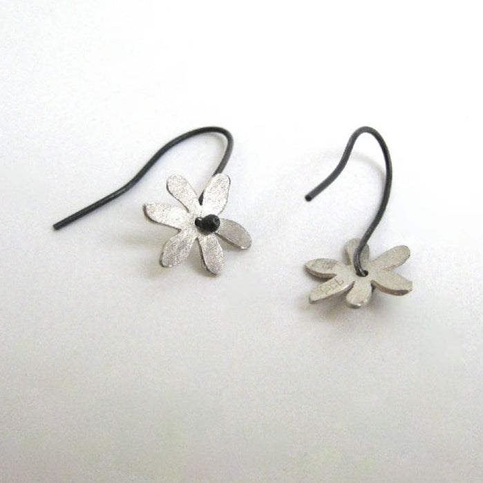 Flat Flower Rounded Silver Hook Earrings (Patina)