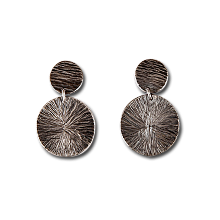 Water Drop Rounded Wheel Silver Earrings (Patina)